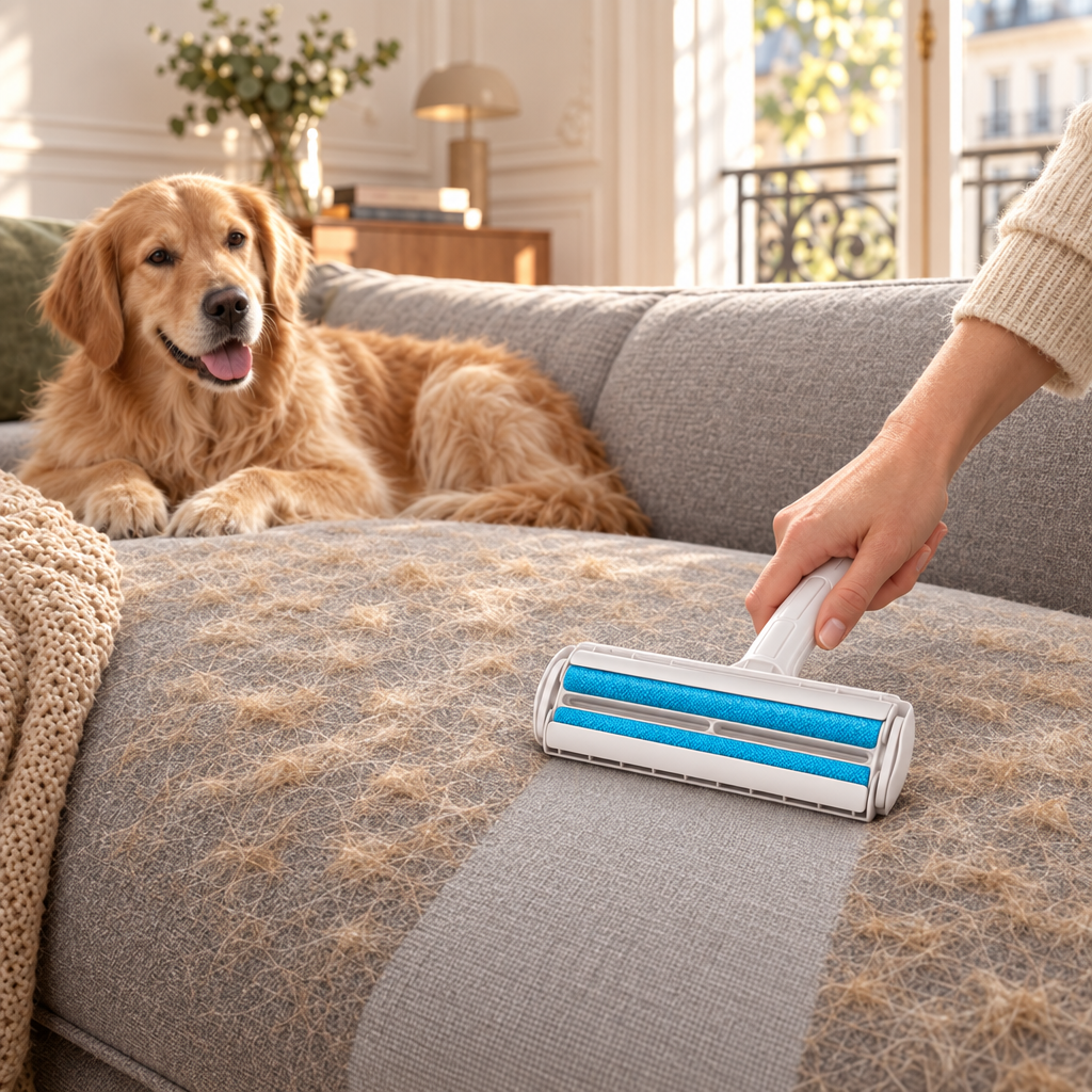 Rouleau anti-poils réutilisable passé sur un canapé en tissu, un golden retriever allongé à côté