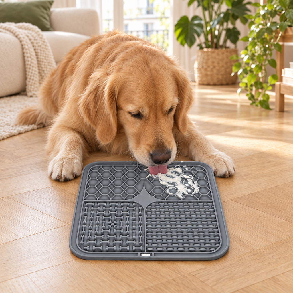 Golden retriever léchant un tapis à lécher en silicone gris posé sur le parquet