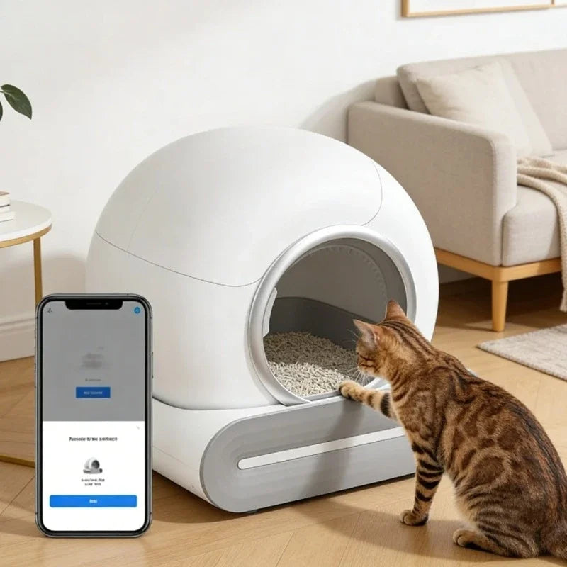 Chat entrant dans la litière automatique, avec l’application de pilotage affichée sur un téléphone