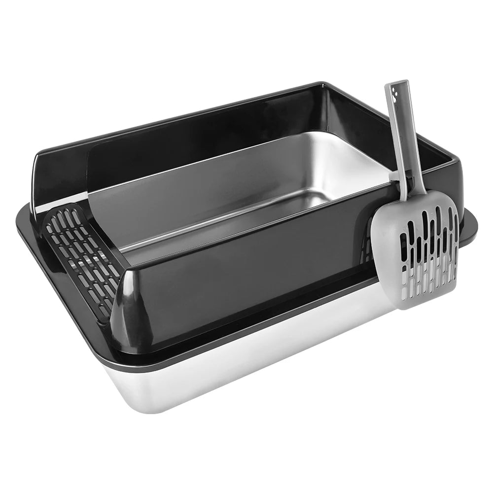 Bac à litière en inox avec rehausse noire et pelle grise, vu de trois quarts
