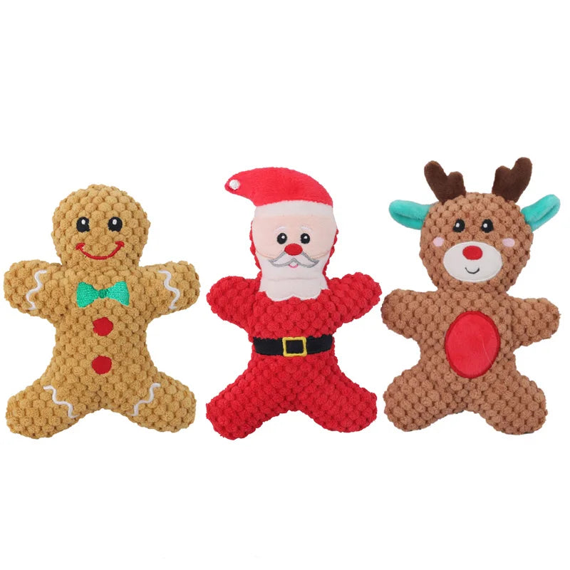 Trois peluches de Noël pour chien : bonhomme de pain d’épices, Père Noël et renne