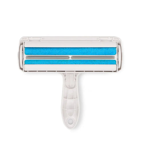 Rouleau anti-poils réutilisable bleu et blanc, vu de face sur fond blanc