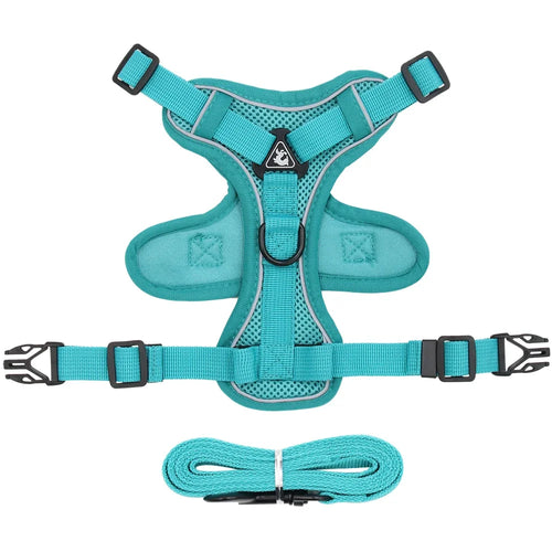 Harnais pour chat turquoise posé à plat avec bandes réfléchissantes et laisse assortie
