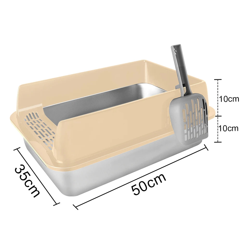 Bac à litière en inox avec rehausse beige : 50 × 35 cm, 20 cm de haut