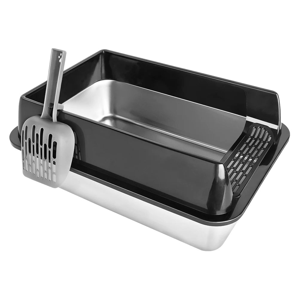 Bac à litière en inox à rehausse noire, entrée basse avec marche ajourée