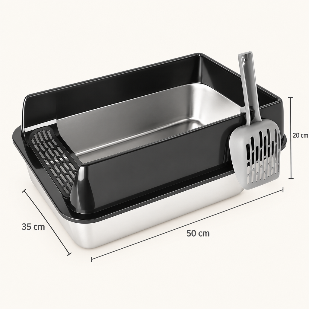 Dimensions du bac à litière en inox : 50 cm de long, 35 cm de large et 20 cm de haut