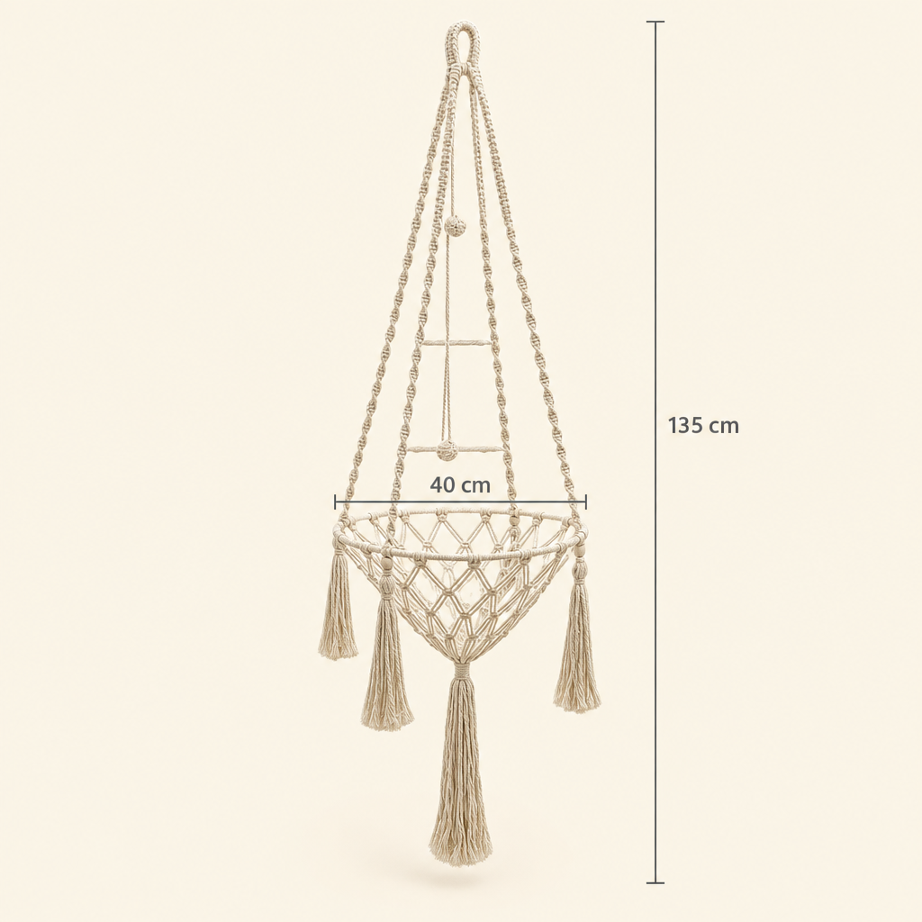 Dimensions du hamac en macramé : 135 cm de long, panier de 40 cm de diamètre