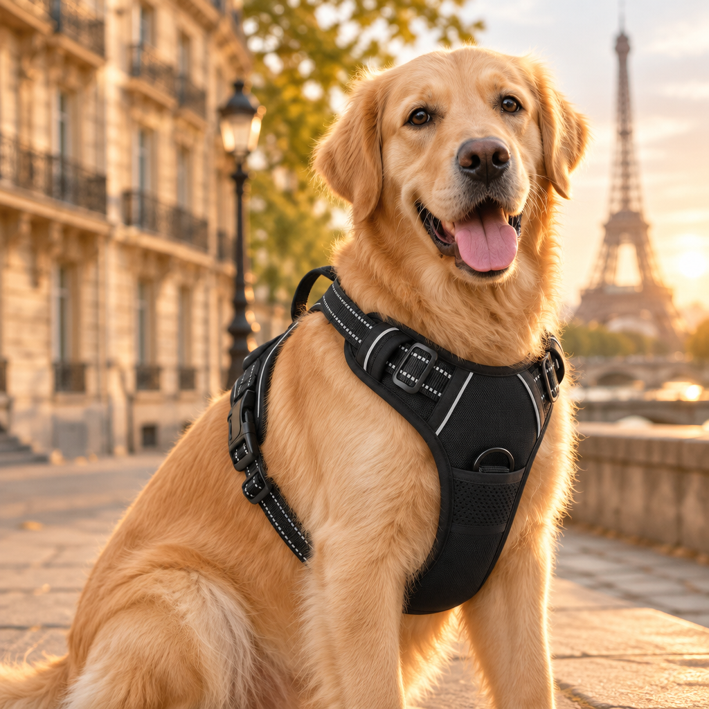 Golden retriever assis devant la tour Eiffel, portant le harnais réfléchissant noir
