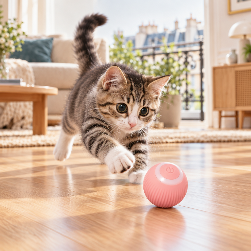 Chaton bondissant vers la balle interactive rose sur le parquet du salon