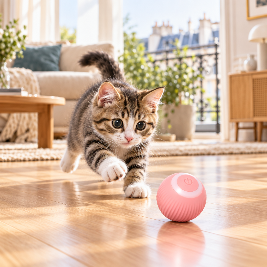 Chaton tigré courant après la balle interactive rose dans le salon