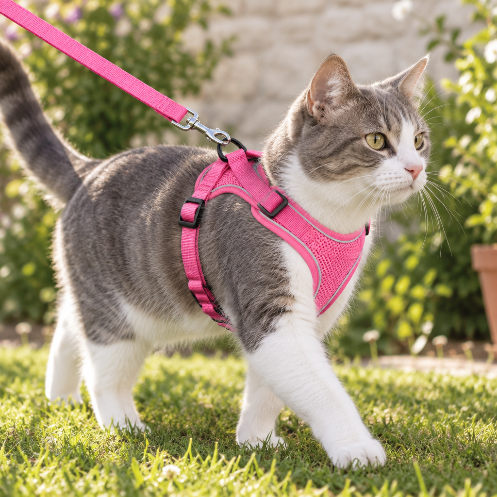 Chat gris et blanc en promenade dans un jardin, portant un harnais rose avec sa laisse