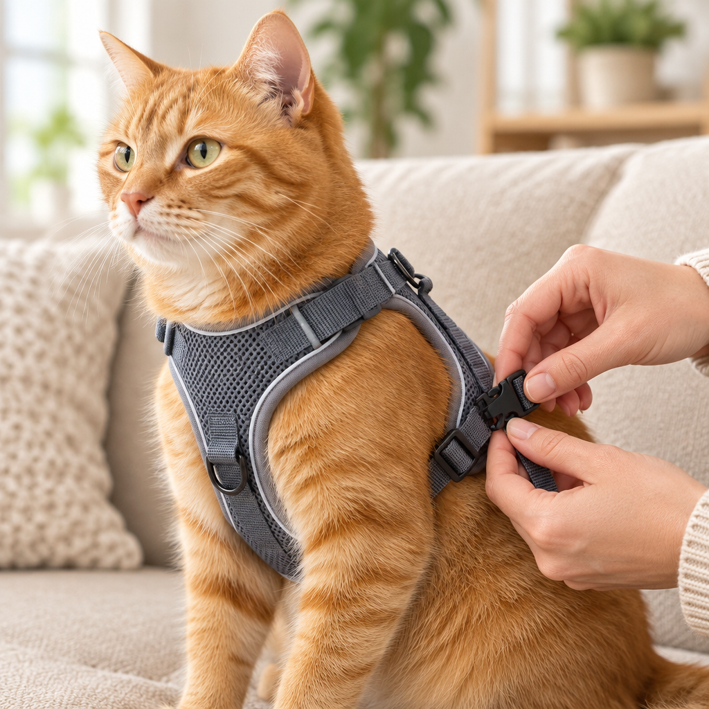 Réglage de la boucle d'un harnais gris sur un chat roux assis sur le canapé
