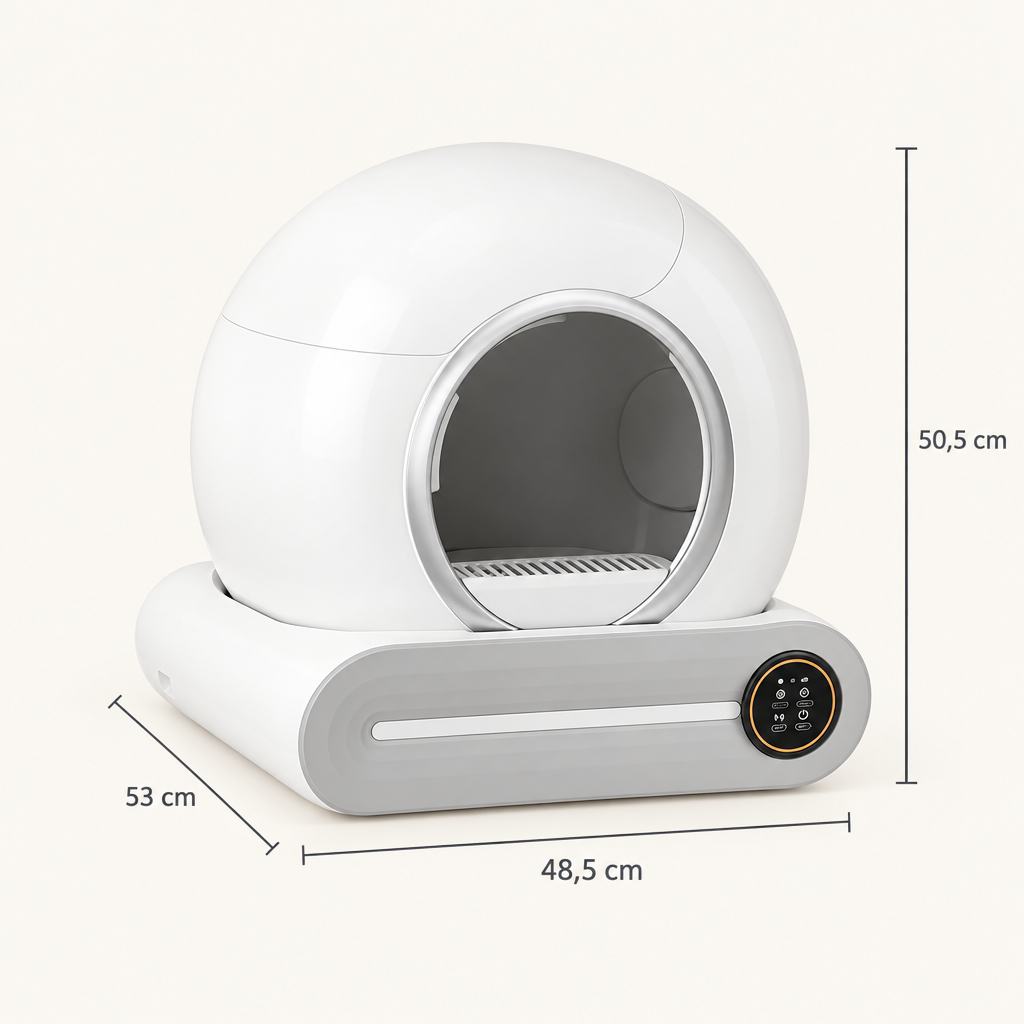 Dimensions de la litière automatique : 48,5 cm de large, 53 cm de profondeur et 50,5 cm de haut