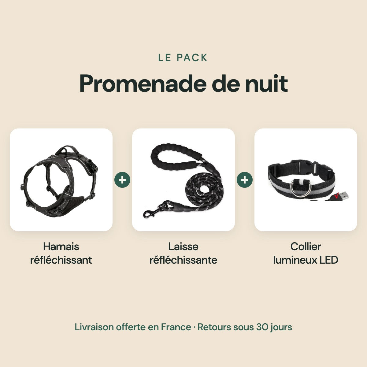 Pack Promenade de nuit : harnais réfléchissant, laisse réfléchissante et collier lumineux LED