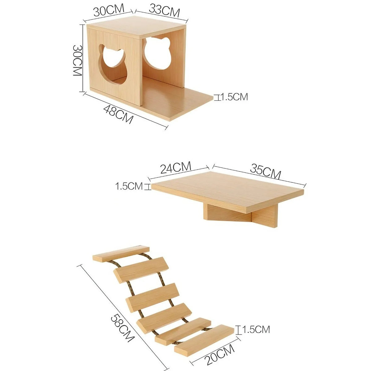 Dimensions du parcours mural : cabane 30 x 33 x 30 cm, plateforme 24 x 35 cm, échelle 58 x 20 cm