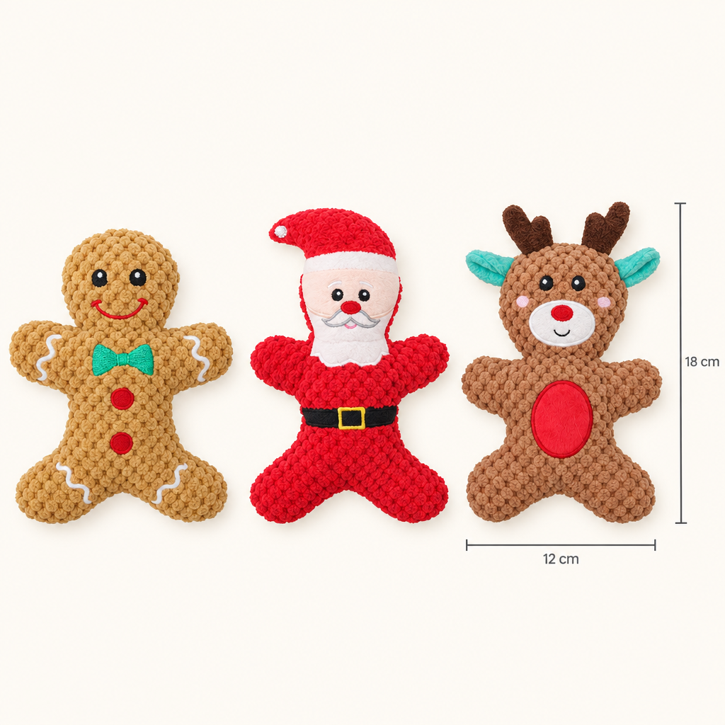 Dimensions des peluches de Noël pour chien : 18 cm de haut, 12 cm de large