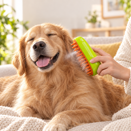 Golden retriever brossé avec la brosse à brume verte diffusant une fine vapeur