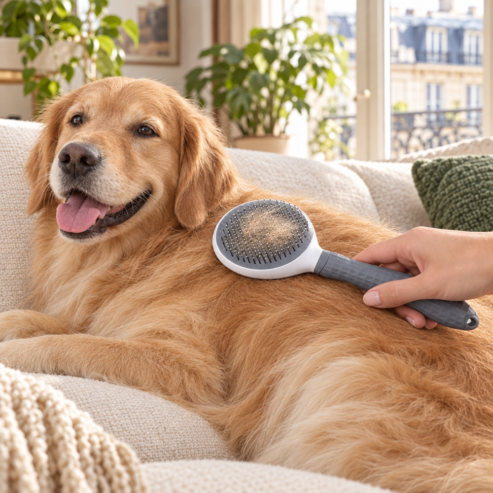 Golden retriever brossé sur un canapé avec une brosse autonettoyante