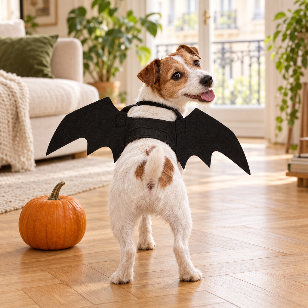 Jack Russell vu de dos portant des ailes de chauve-souris noires pour Halloween