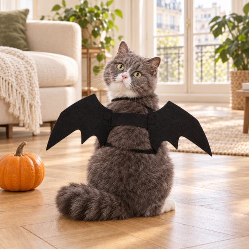 Chat vu de dos portant des ailes de chauve-souris en feutrine noire, à côté d’une citrouille