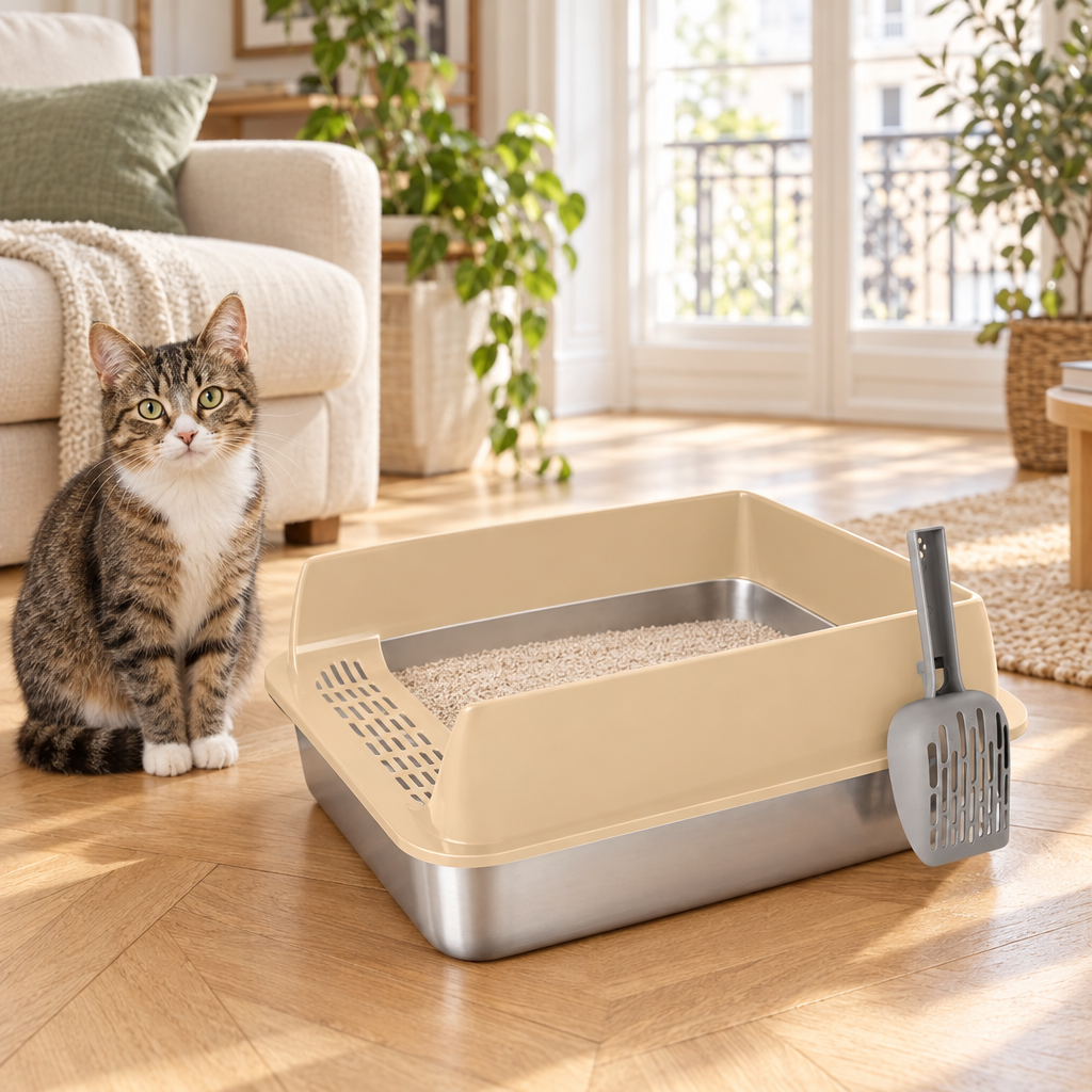 Chat tigré assis à côté du bac à litière en inox avec rehausse beige