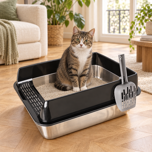 Chat tigré assis dans le bac à litière en inox à rehausse noire
