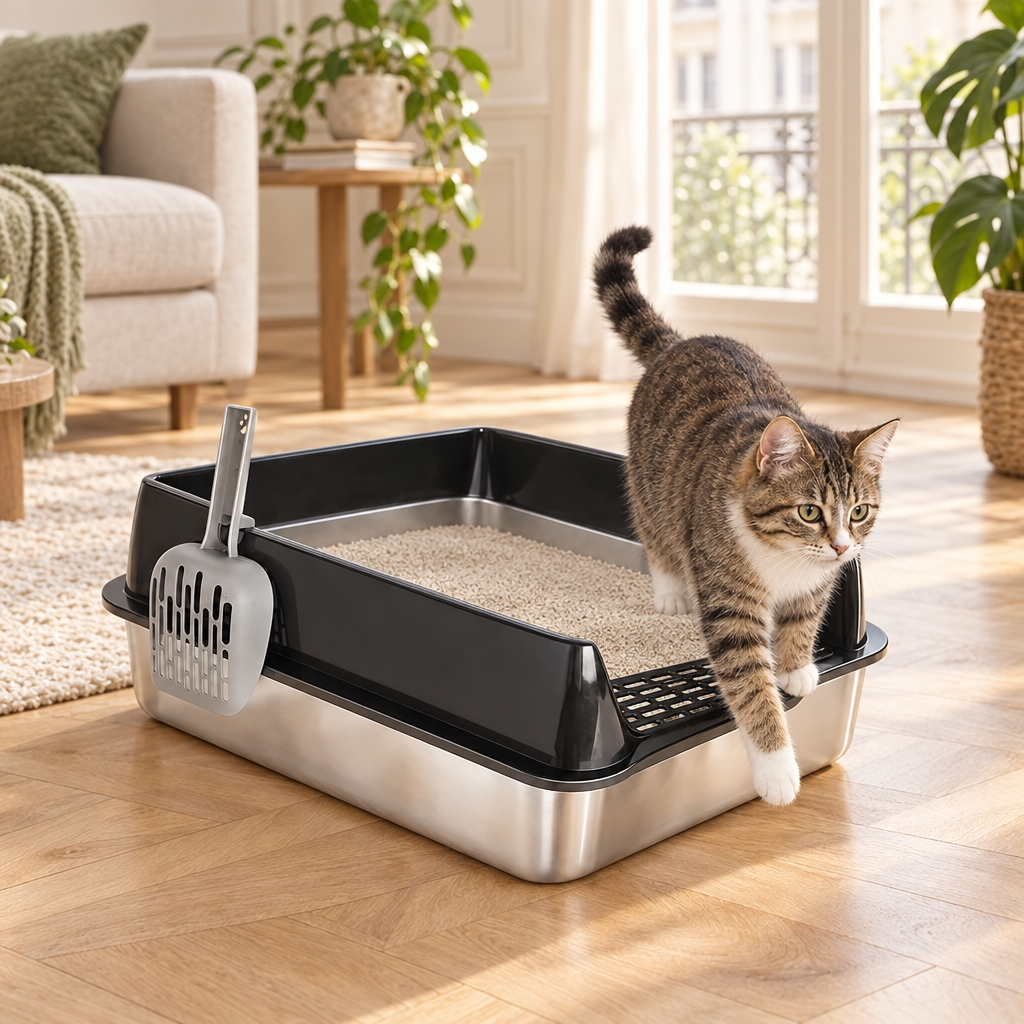 Chat tigré sortant d’un bac à litière en inox avec rehausse noire, pelle suspendue sur le côté