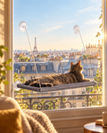 Chat tigré allongé sur le hamac de fenêtre à ventouses, devant une vue sur les toits de Paris