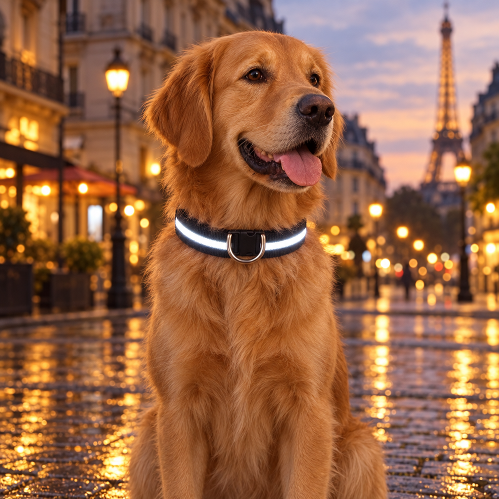 Golden retriever portant un collier lumineux dans une rue pavée à la tombée de la nuit