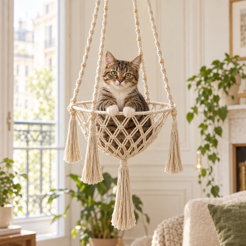 Chat assis dans le hamac en macramé, pattes posées sur le bord du panier
