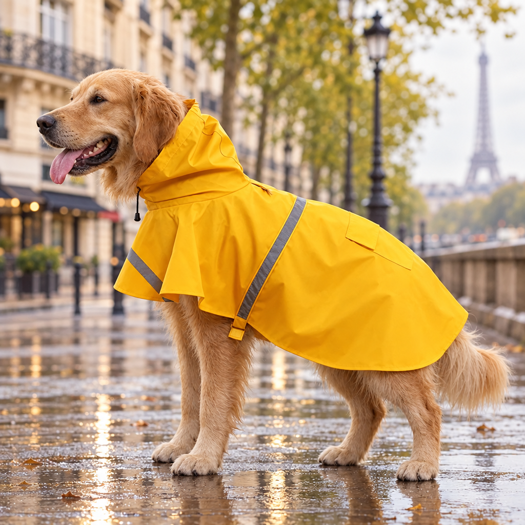 Golden retriever sous la pluie à Paris, portant un imperméable jaune à capuche avec bandes réfléchissantes