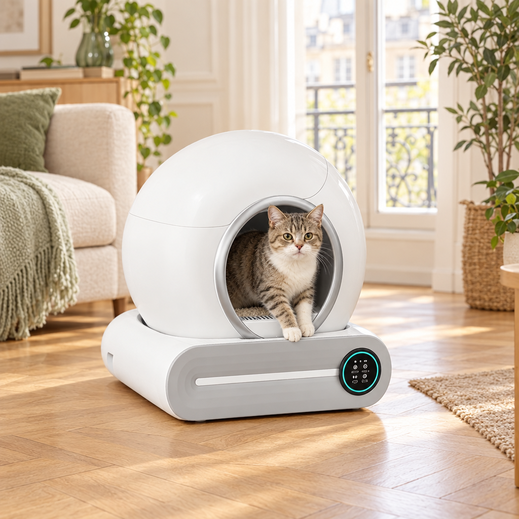 Chat tigré sortant d’une litière automatique blanche posée sur le parquet d’un salon