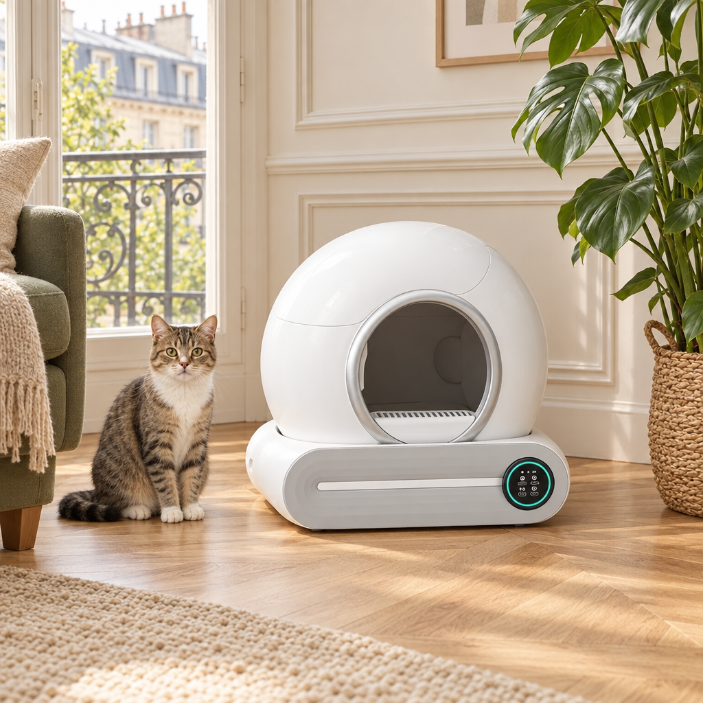 Litière automatique blanche dans un angle du salon, un chat tigré assis à côté