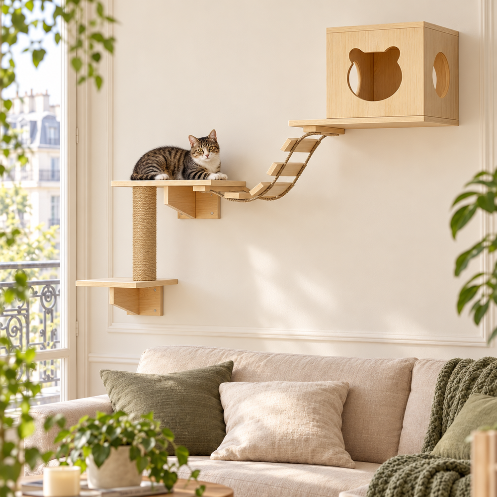 Chat allongé sur un parcours mural en bois au-dessus d’un canapé