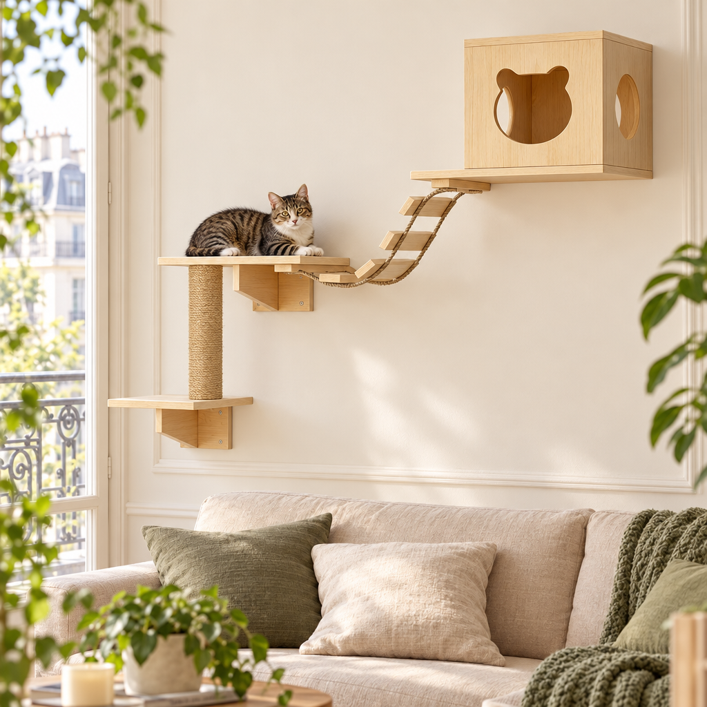Chat tigré allongé sur un parcours mural en bois fixé au-dessus d'un canapé