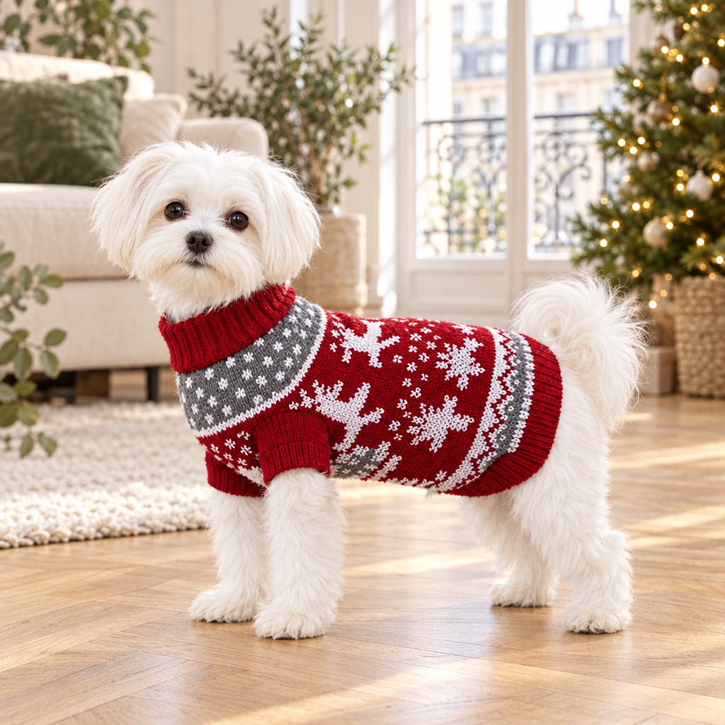 Petit chien blanc debout portant un pull de Noël jacquard rouge, devant un sapin décoré