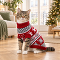 Chat tigré aux pattes blanches assis dans un salon, portant un pull de Noël jacquard rouge à rennes blancs
