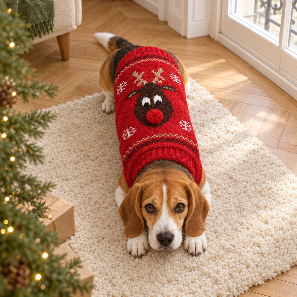 Beagle couché sur un tapis clair, vu de dessus, avec son pull de Noël rouge à motif renne