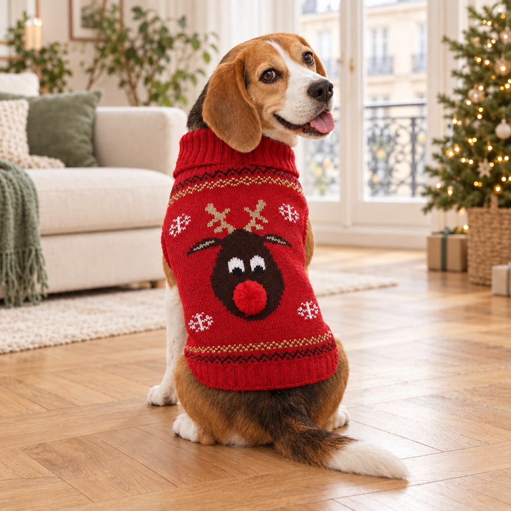 Beagle assis de dos portant un pull de Noël rouge à motif renne et nez pompon, dans un salon décoré d’un sapin