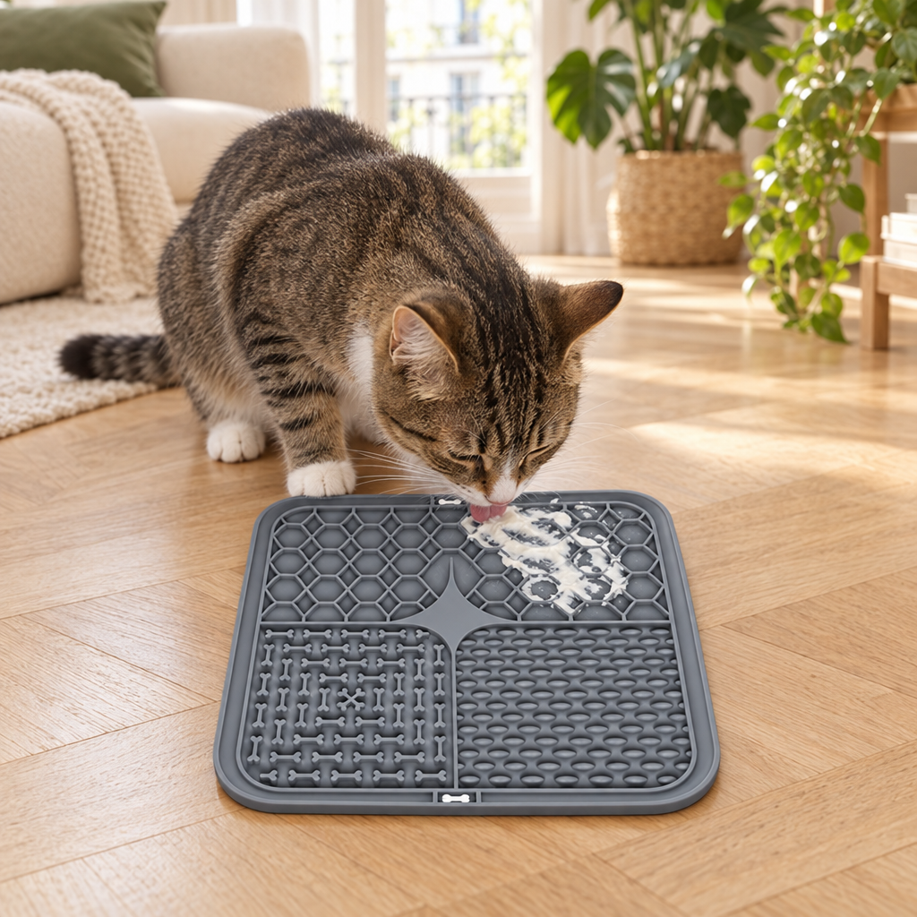Chat tigré léchant un tapis de léchage gris en silicone posé au sol du salon