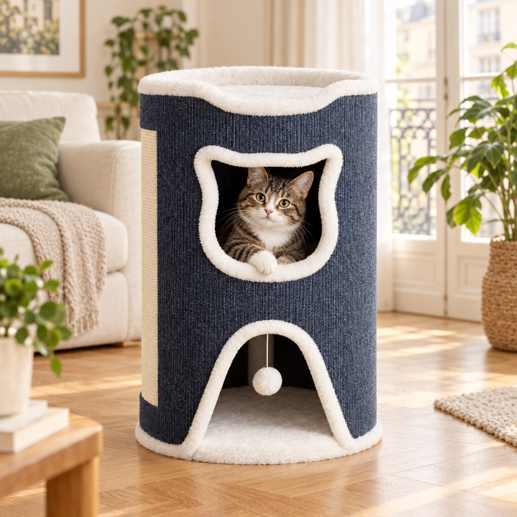 Chat tigré installé dans la cachette du haut de la tour cabane, tête à l'entrée en forme de chat