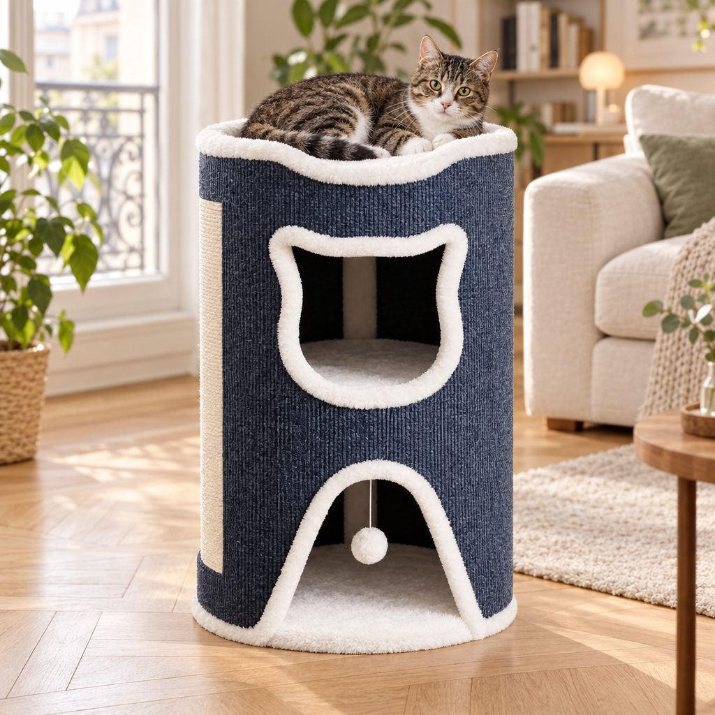 Chat tigré allongé au sommet de la tour cabane gris-bleu dans un salon lumineux