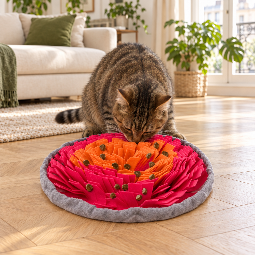 Chat tigré fouillant un tapis de fouille rouge et orange garni de friandises dans le salon