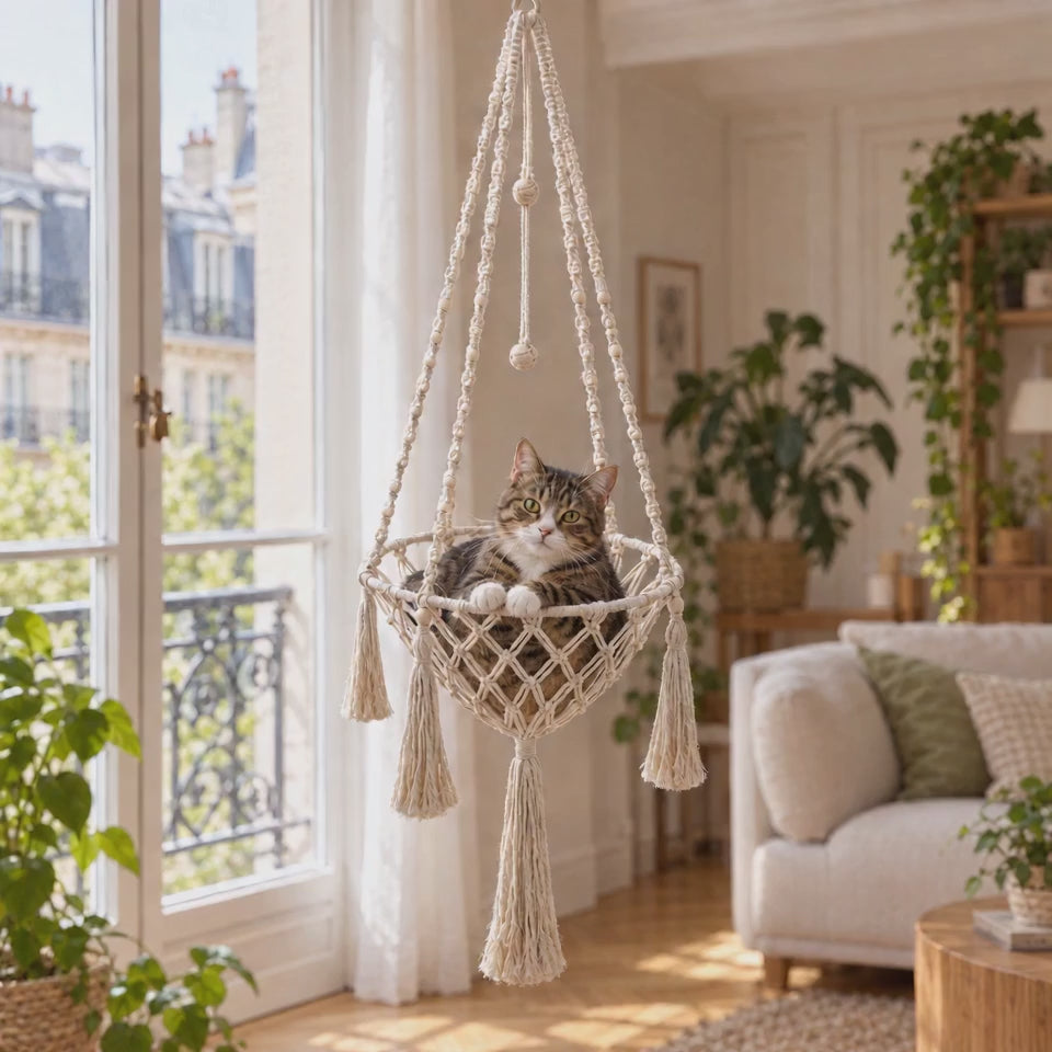 Hamac suspendu en macramé pour chat