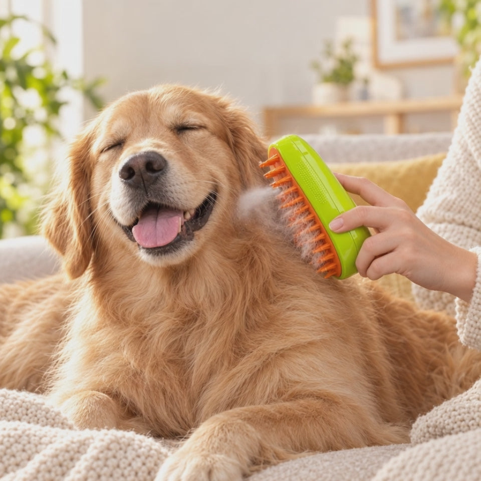 Vidéo d'un golden retriever brossé avec la brosse à brume verte, les poils morts retenus dans les picots