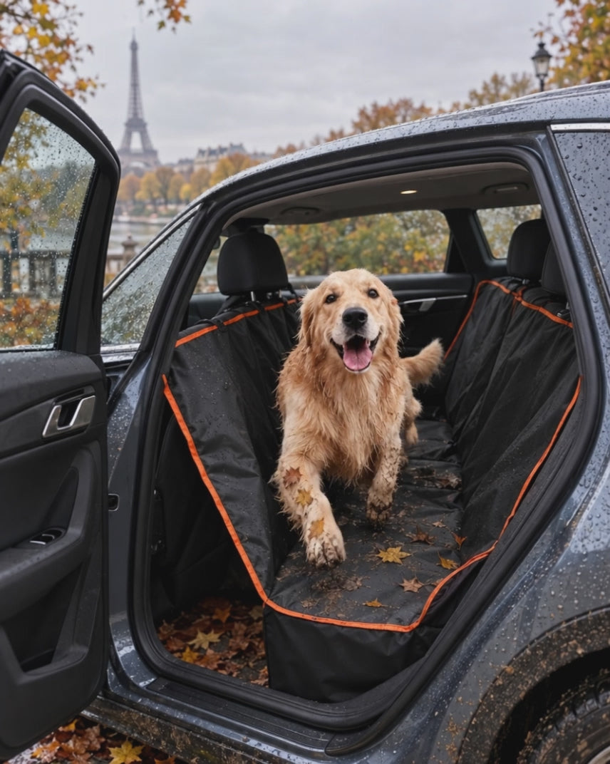 Vidéo d'un golden retriever mouillé installé sur la housse de banquette noire à liseré orange, dans une voiture portière ouverte
