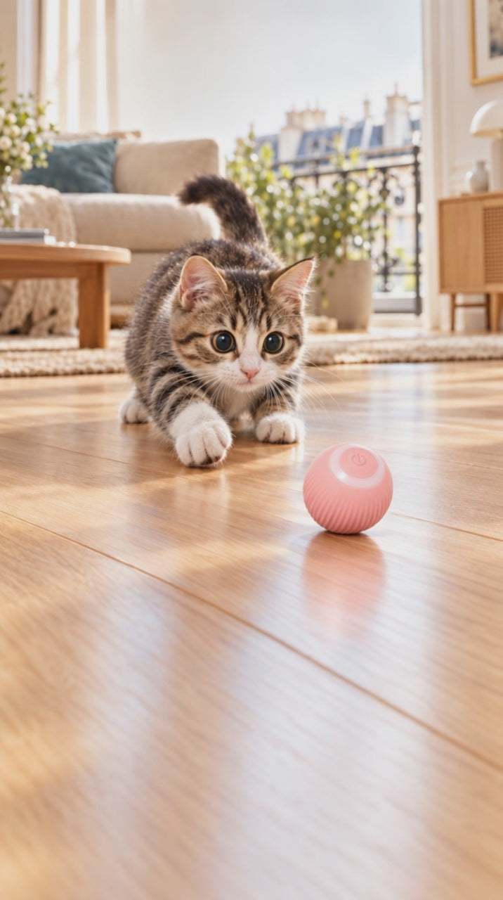 Vidéo d'un chaton tigré qui chasse la balle interactive rose sur le parquet d'un salon