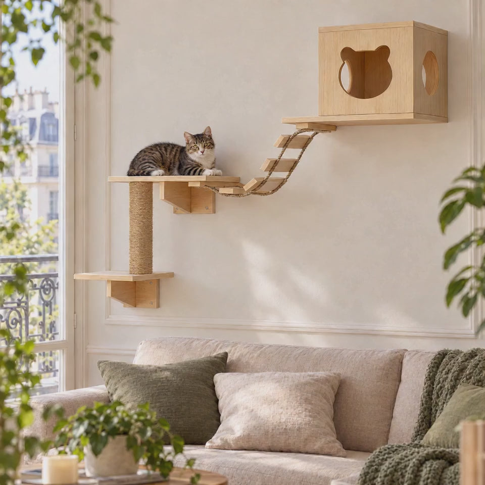 Parcours mural pour chat en bois avec cabane, échelle et griffoir