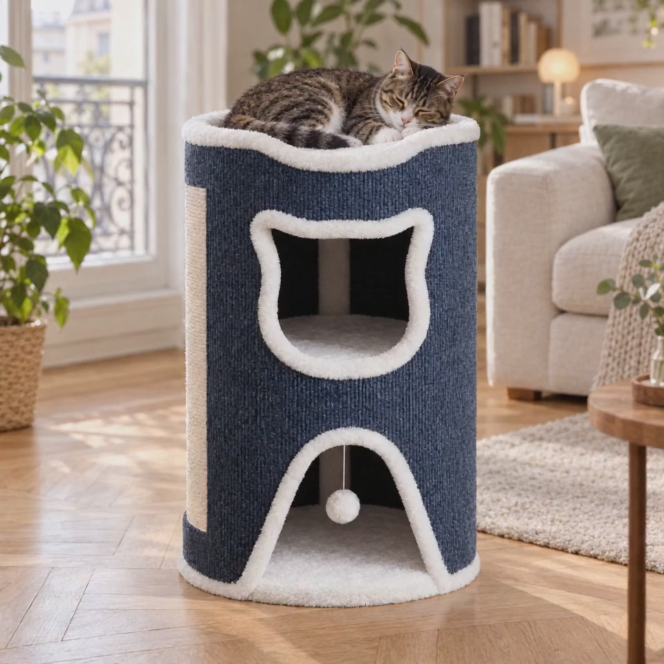 Tour cabane pour chat à 2 niveaux avec griffoir en sisal