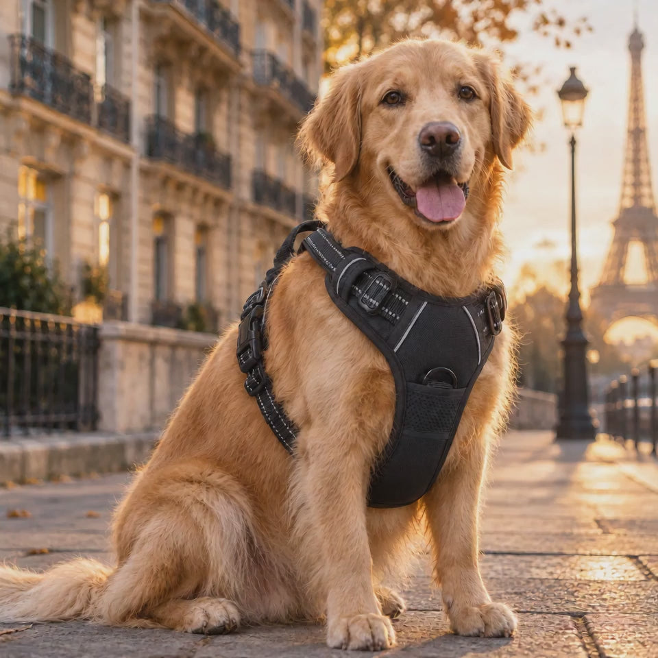 Vidéo d'un golden retriever en promenade dans Paris équipé du harnais réfléchissant à poignée